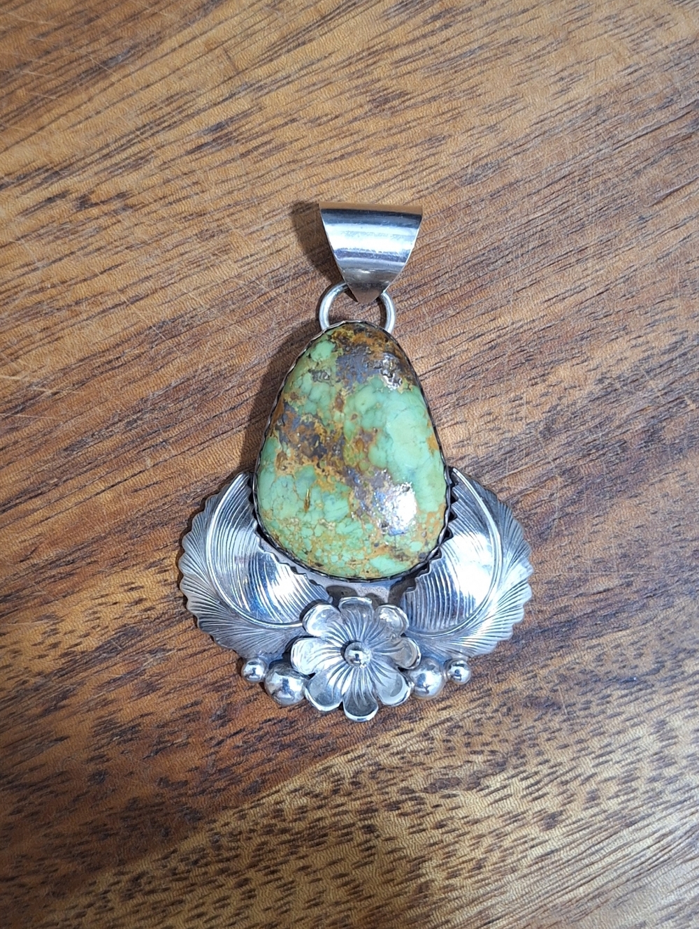 Huge Green Turquoise Sterling Silver 925 Necklace Pendant with Flower & Feathers